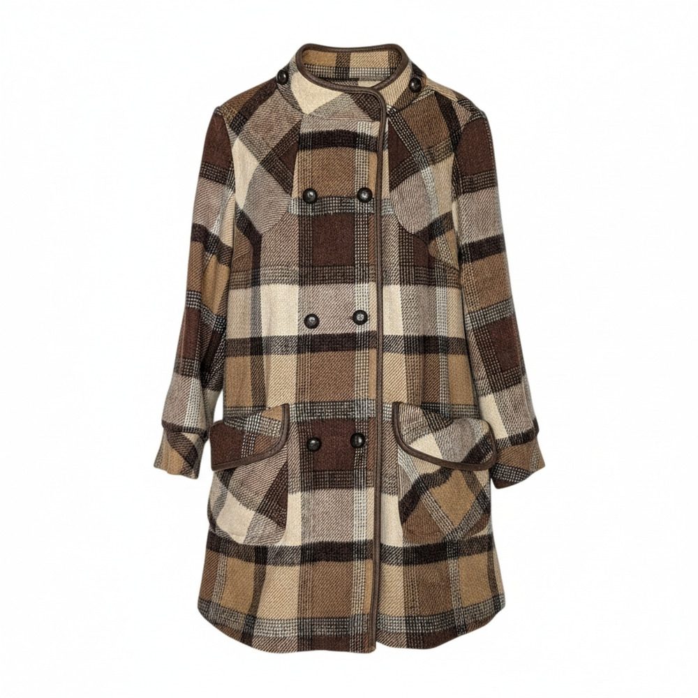 Womens Size Small Medium‎ Brown Plaid Flannel Double Breasted Peacoat Vtg